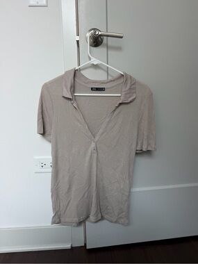 Zara Ribbed Collared Short Sleeve Top - Light Taupe
